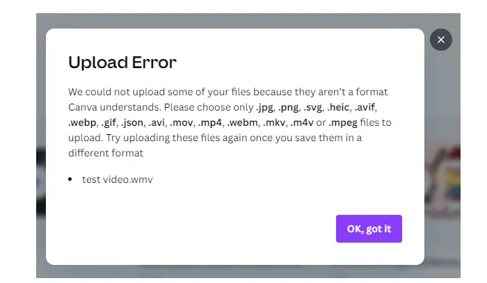 Canva Upload Error Message