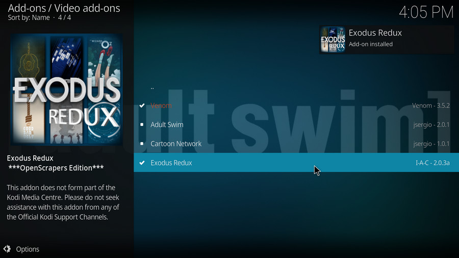 Exodus Redux Add-on installed