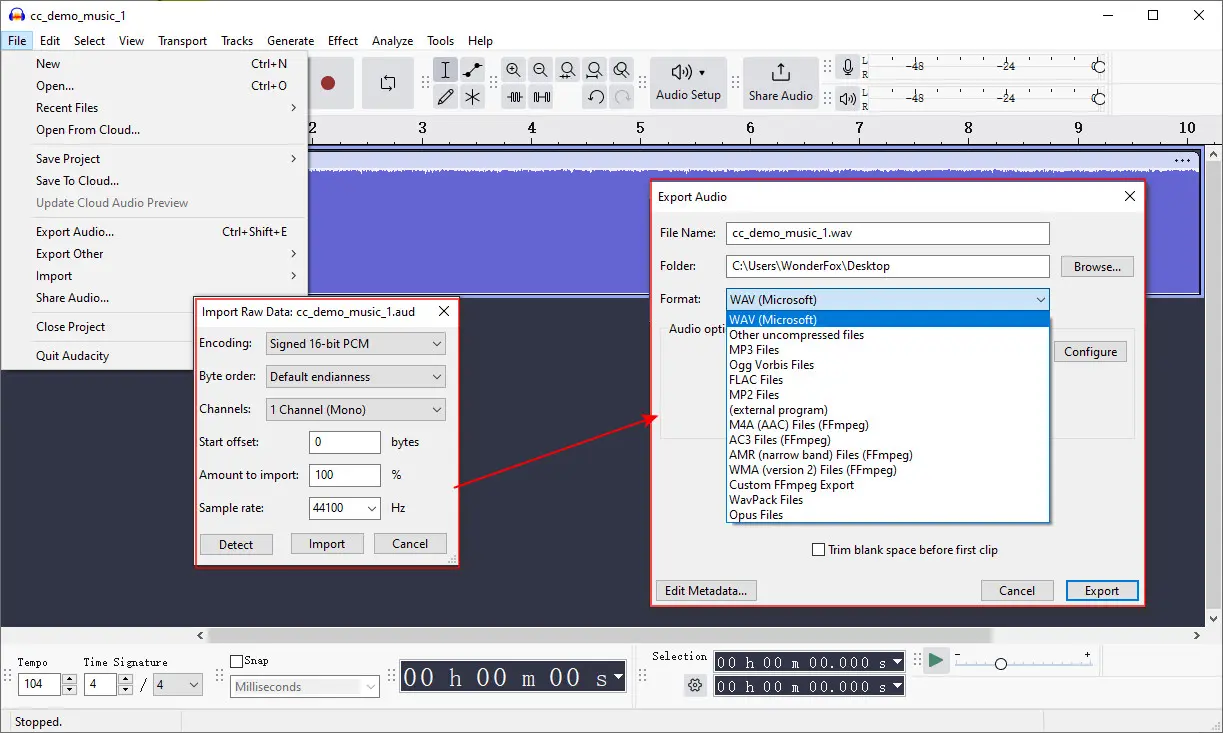 Convert and Play AUD File in Audacity