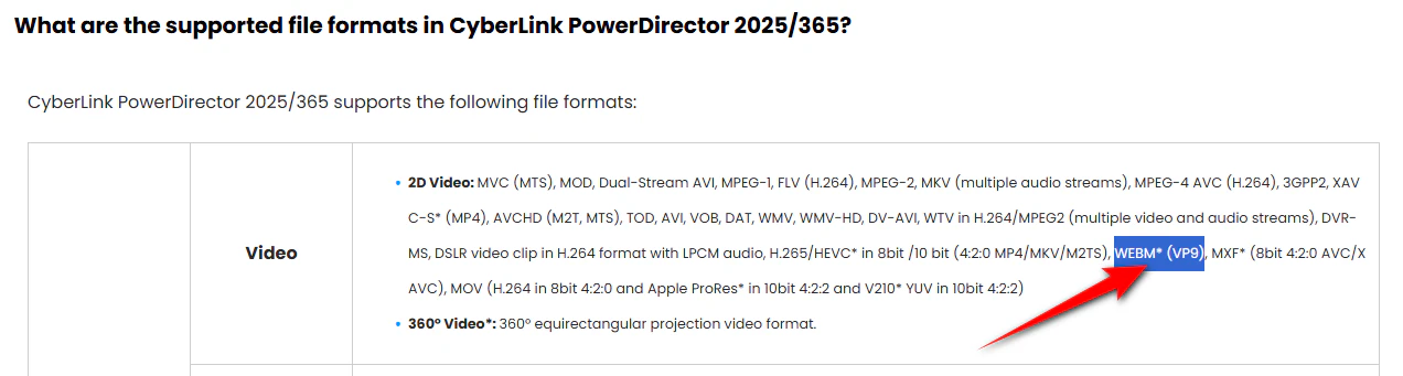 PowerDirector Supports VP9-Encoded WebM Only