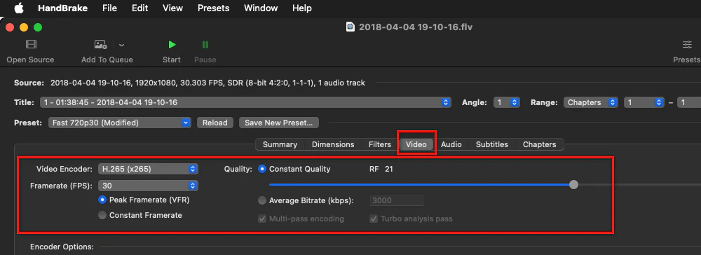 Change Encoder, Frame Rate, and Quality