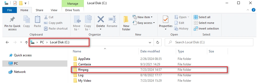 Cut and Paste ffmpeg Folder into C Drive