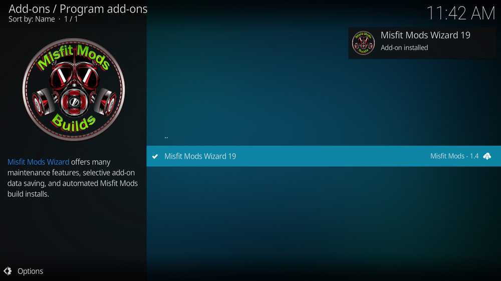 Misfit Mods Wizard addon installed