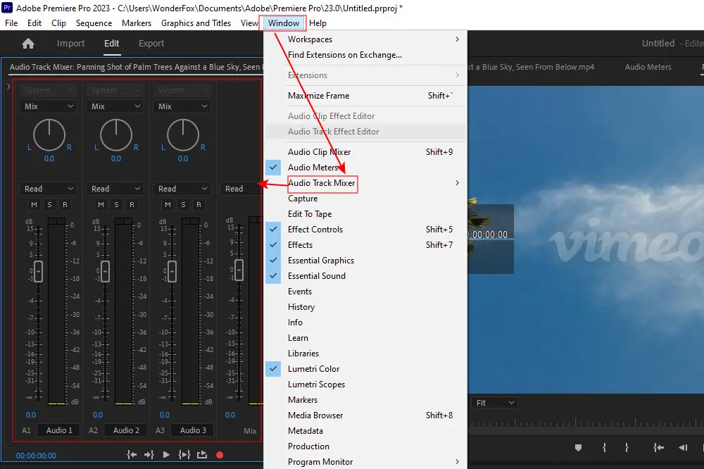 Open the Audio Track Mixer