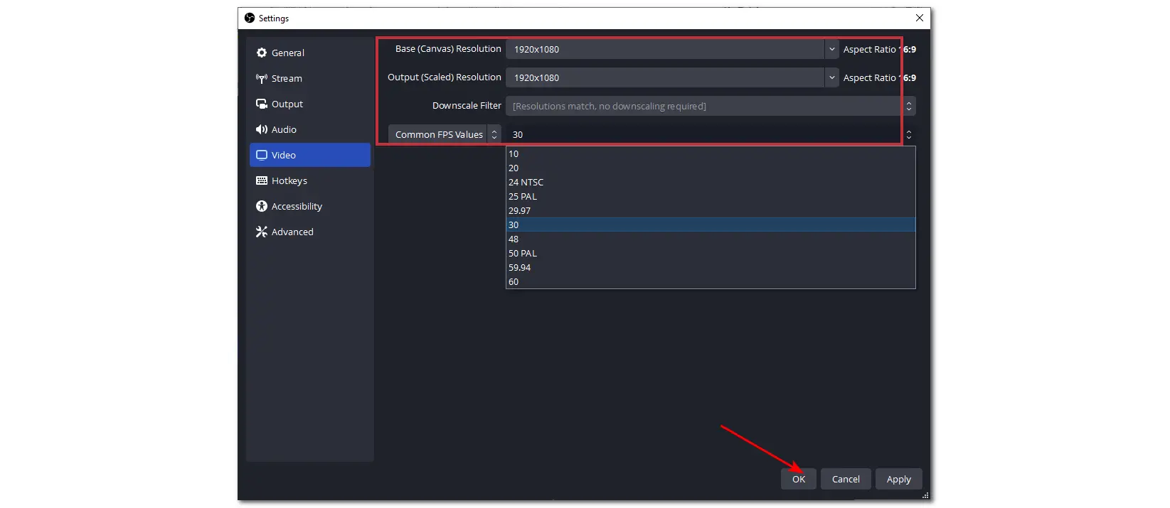 Adjust OBS Video Settings