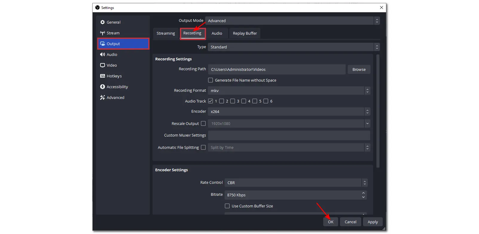 Change Advanced Recording Settings