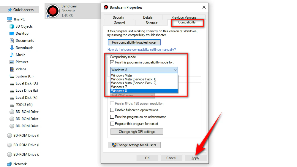 Run Bandicam in Compatibility Mode