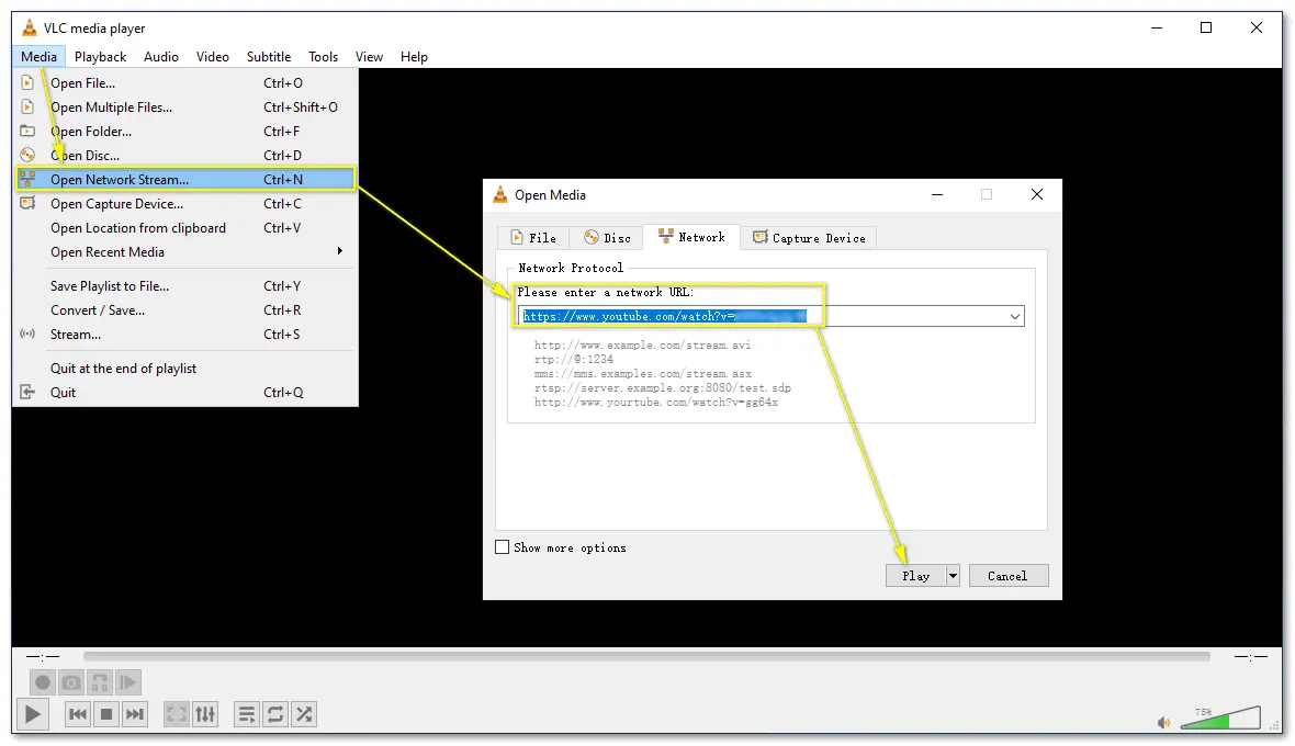 Open Network Stream in VLC