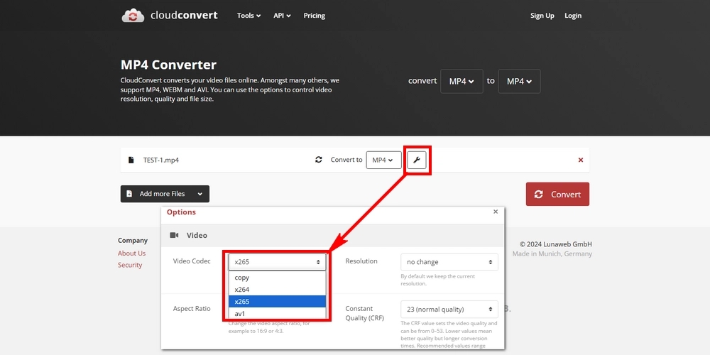 Change Video Codec with CloudConvert