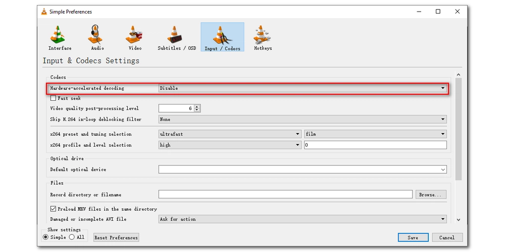 Disable hardware acceleration in VLC